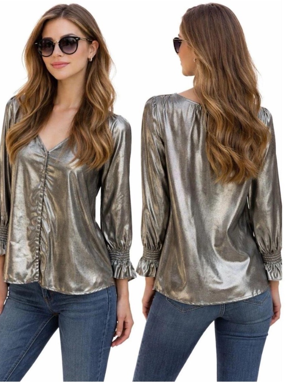 NWT Tuckernuck | Women’s Black/Gold Metallic Long Sleeve V-Neck Blouse Size XS